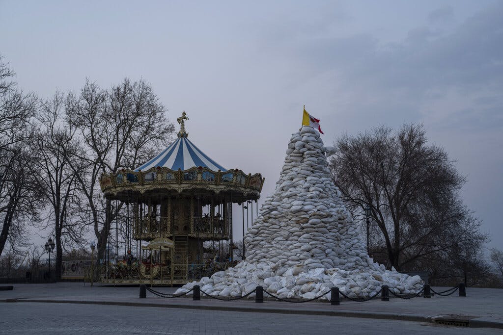 A monument of the Duke of Richelieu is covered with sandbags at Odessa March 24, 2022. AP/Petros Giannakouris, file