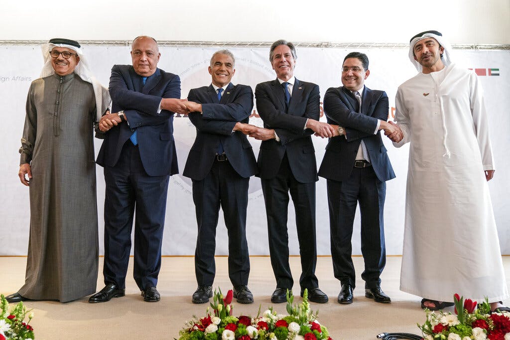 After meeting for the Negev summit, Bahrain's foreign minister, Abdullatif bin Rashid al-Zayani, left, Egypt's foreign minister, Sameh Shoukry, Israel's foreign minister Yair Lapid, Secretary of State Blinken, Morocco's foreign minister, Nasser Bourita, and United Arab Emirates's foreign minister, Sheikh Abdullah bin Zayed Al Nahyan March 28, 2022. AP/Jacquelyn Martin, pool