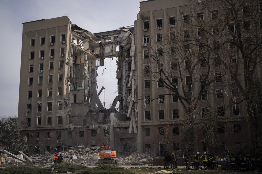 The regional government headquarters of Mykolaiv, Ukraine, following a Russian attack March 29, 2022. AP/Petros Giannakouris