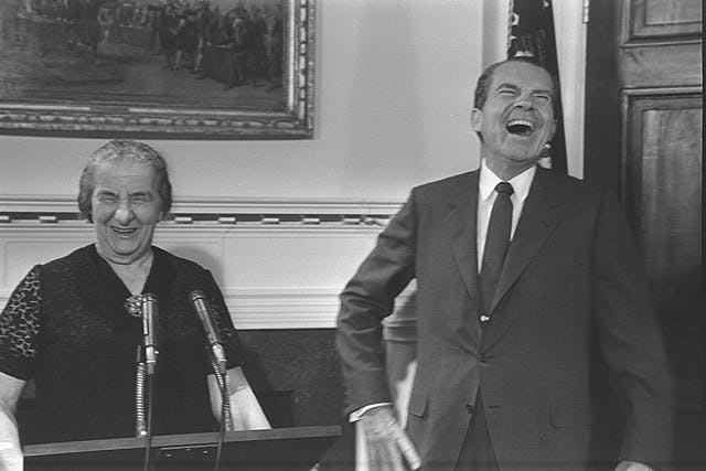 Golda Meir at the White House with President Nixon in 1969. Moshe Milner via Wikimedia Commons