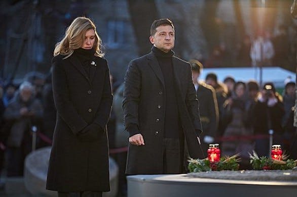 President Zelensky and his wife, Olena, during a Holodomor Remembrance Day ceremony in November 2019. President.gov.ua via Wikimedia Commons