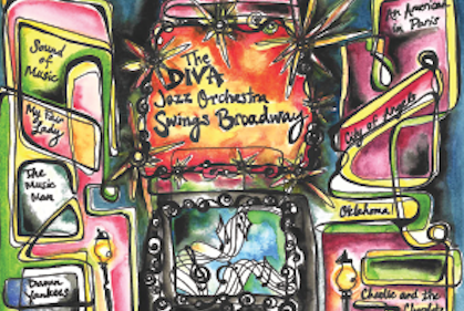 Detail of ‘The DIVA Jazz Orchestra Swings Broadway’ CD cover. Via Kari-On Productions