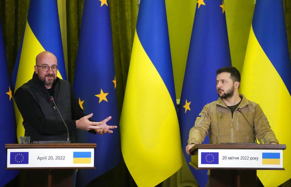 The European Council president, Charles Michel, and President Zelensky during a news conference at Kyiv April 20, 2022. AP/Efrem Lukatsky