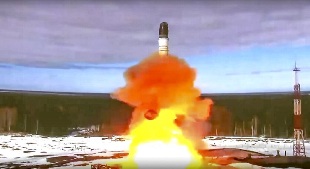 Russia said on April 20 it had conducted a first test launch of its Sarmat intercontinental ballistic missile. Roscosmos Space Agency Press Service via AP