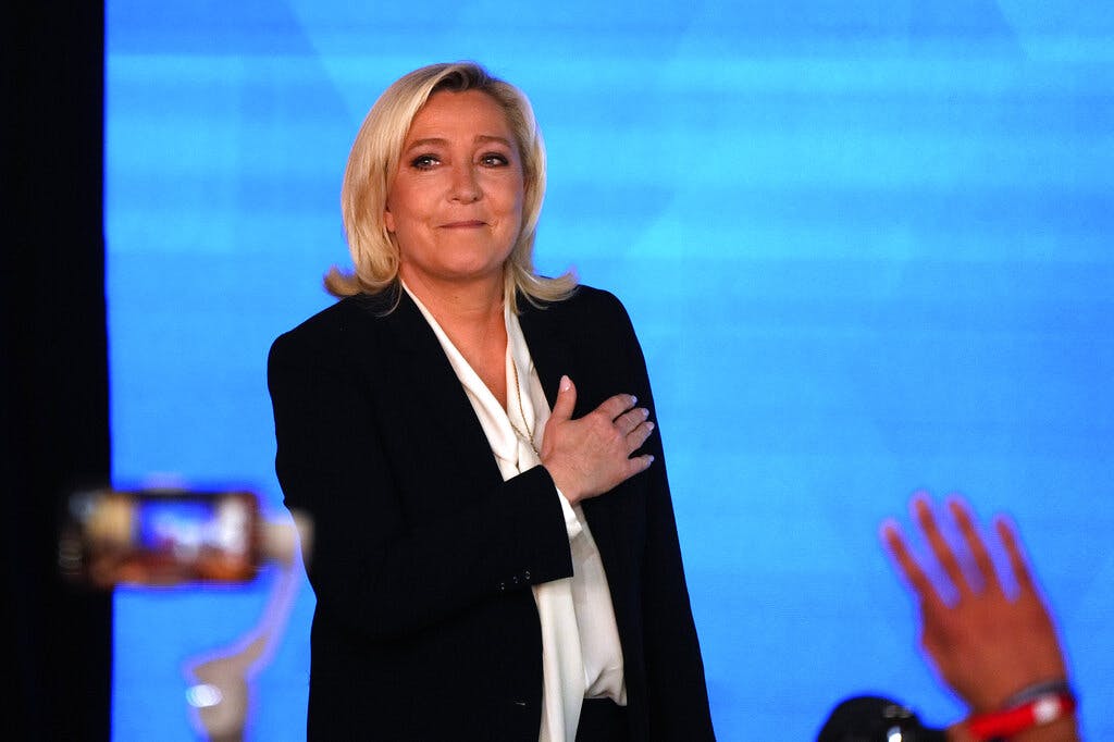 France's far-right leader, Marine Le Pen, at Paris April 24, 2022. AP/Francois Mori