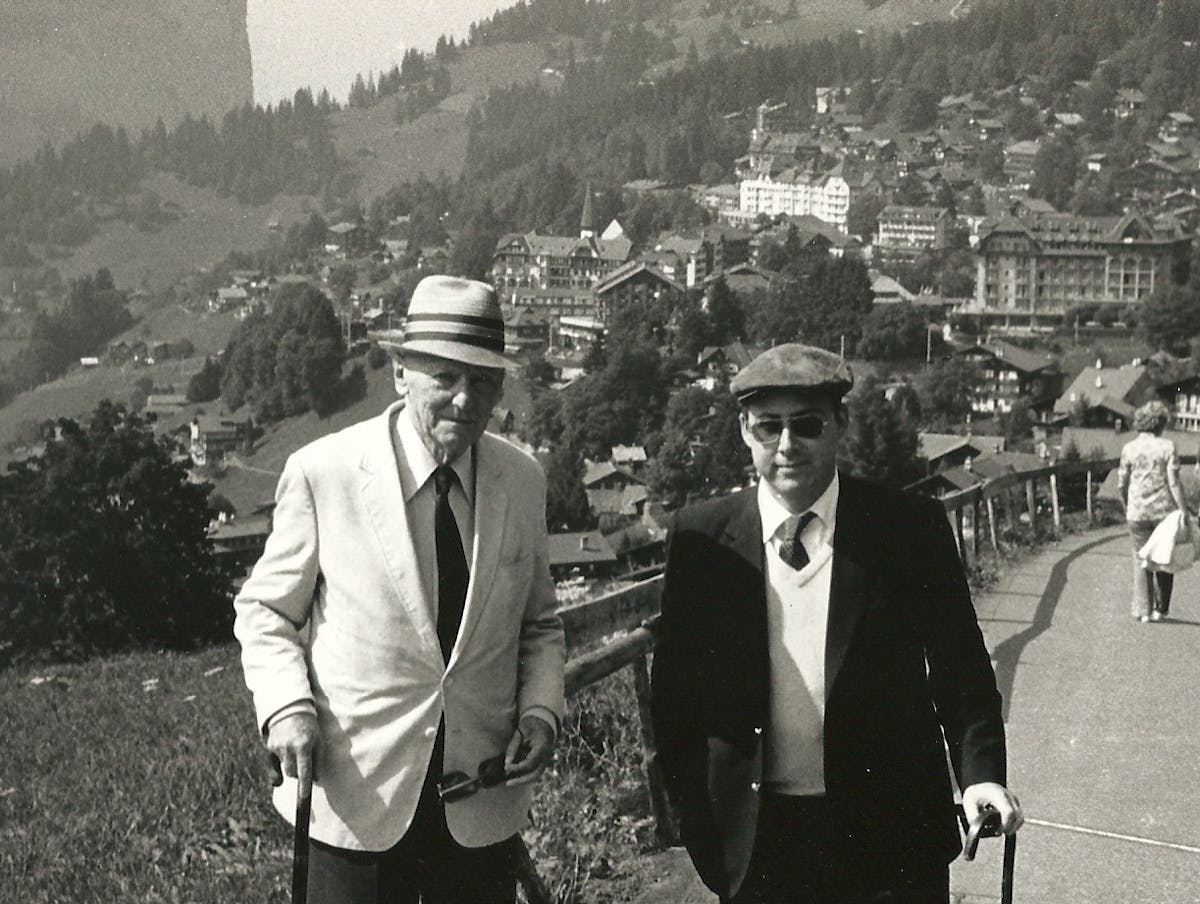 Isaac Bashevis Singer, left, and the future editor of the Sun, Seth Lipsky, then with the Wall Street Journal, at Wengen, Switzerland, 1984. Private collection of Seth Lipsky