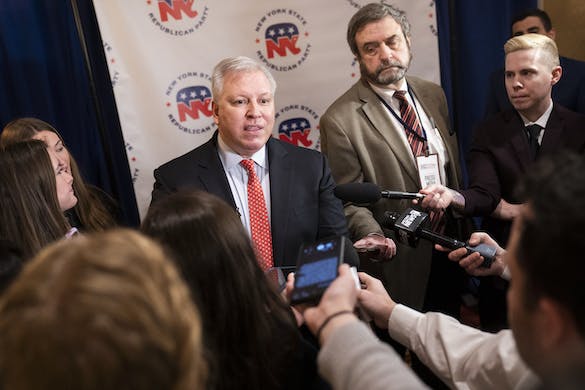 Harry Wilson speaks to reporters at the 2022 NYGOP Convention, March 1, 2022. AP/John Minchillo