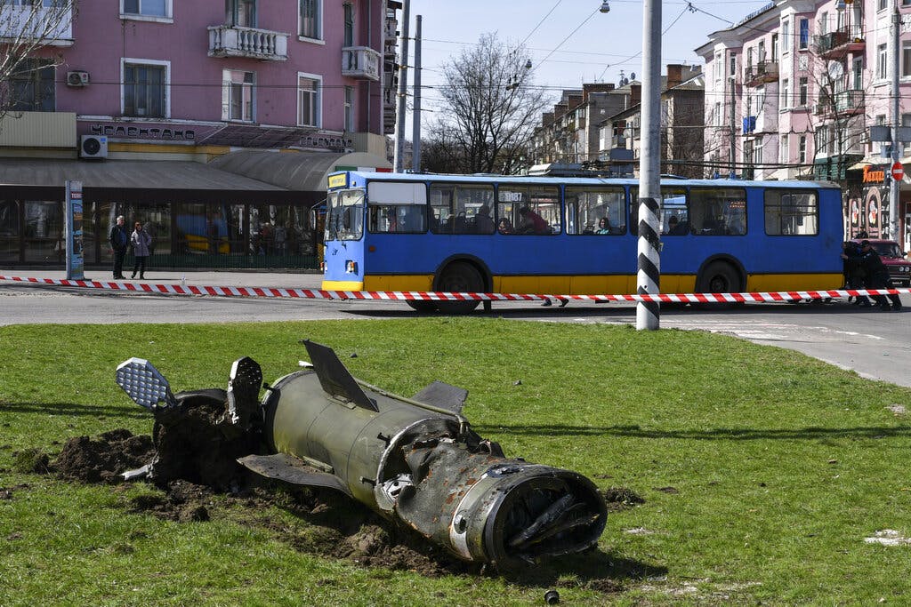A fragment of a Tochka-U missile following an attack at the railway station in Kramatorsk, Ukraine, April 8, 2022. AP/Andriy Andriyenko, file