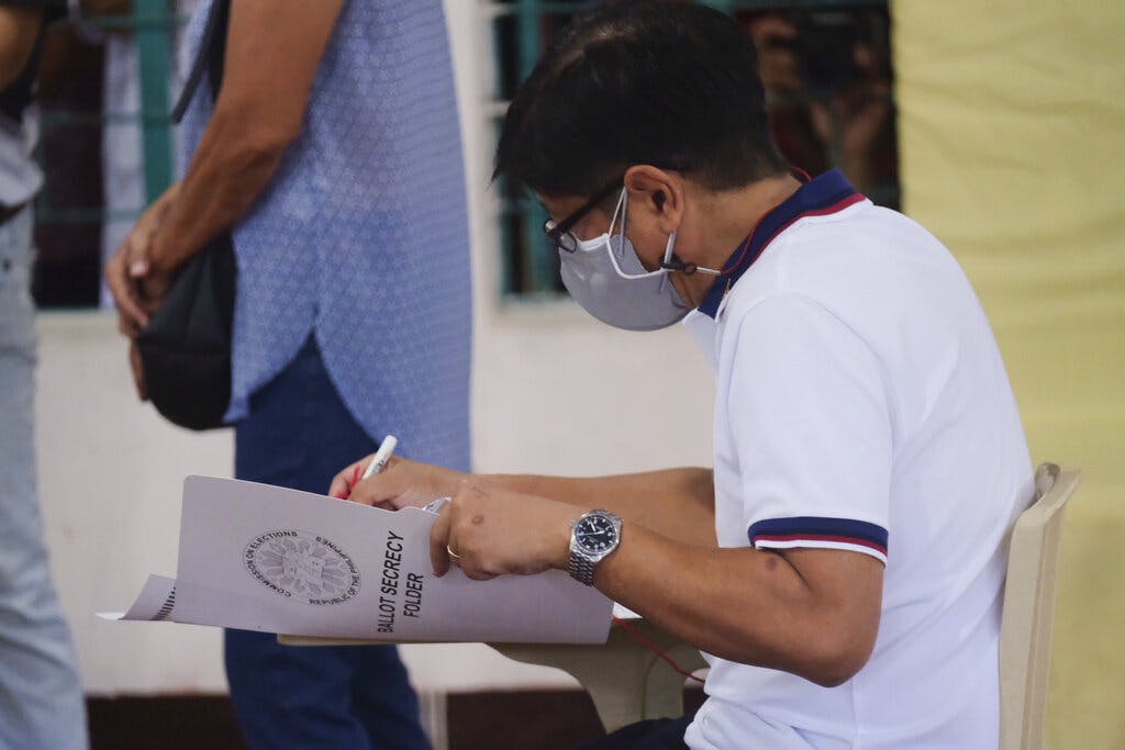 Ferdinand Marcos Jr. votes at a polling center at Batac City, Ilocos Norte, May 9, 2022. AP photo