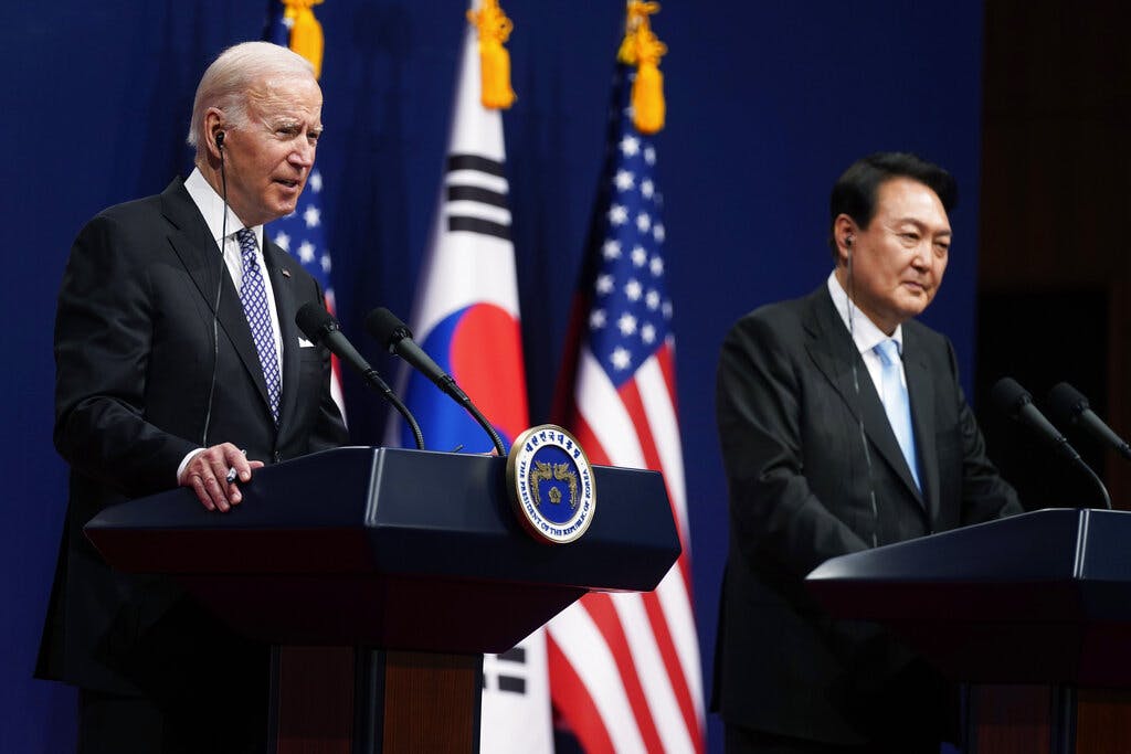 President Biden, left, and South Korea's president, Yoon Suk Yeol, Saturday, May 21, 2022, at Seoul. AP Photo/Evan Vucci