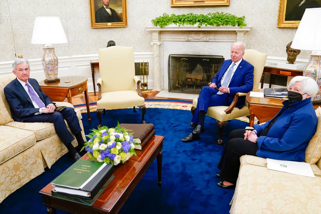 AP/Evan Vucci President Biden meets with the Federal Reserve chairman, Jerome Powell, left, and Treasury Secretary Janet Yellen at the Oval Office, May 31, 2022.