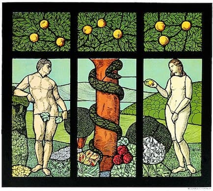 Adam, Eve, the serpent, and the forbidden fruit: design for a stained-glass window by Hans Christiansen, 1898. Via Wikimedia Commons