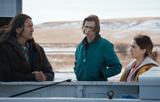 Eugene Brave Rock, Owen Teague, and Haley Lu Richardson in ‘Montana Story.’ Bleecker Street