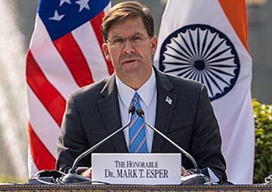 Mark Esper when he was defense secretary in October 2020. U.S. Department of State via Wikimedia Commons