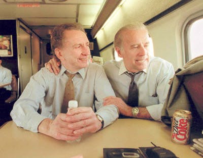 Senators Biden and Specter in a bipartisan moment aboard Amtrak in 2002. Wikimedia Commons