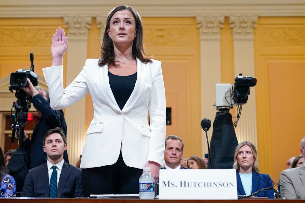 AP/Jacquelyn Martin A former White House aide, Cassidy Hutchinson, is sworn in to testify before the House select committee investigating the January 6 attack on the U.S. Capitol, June 28, 2022.
