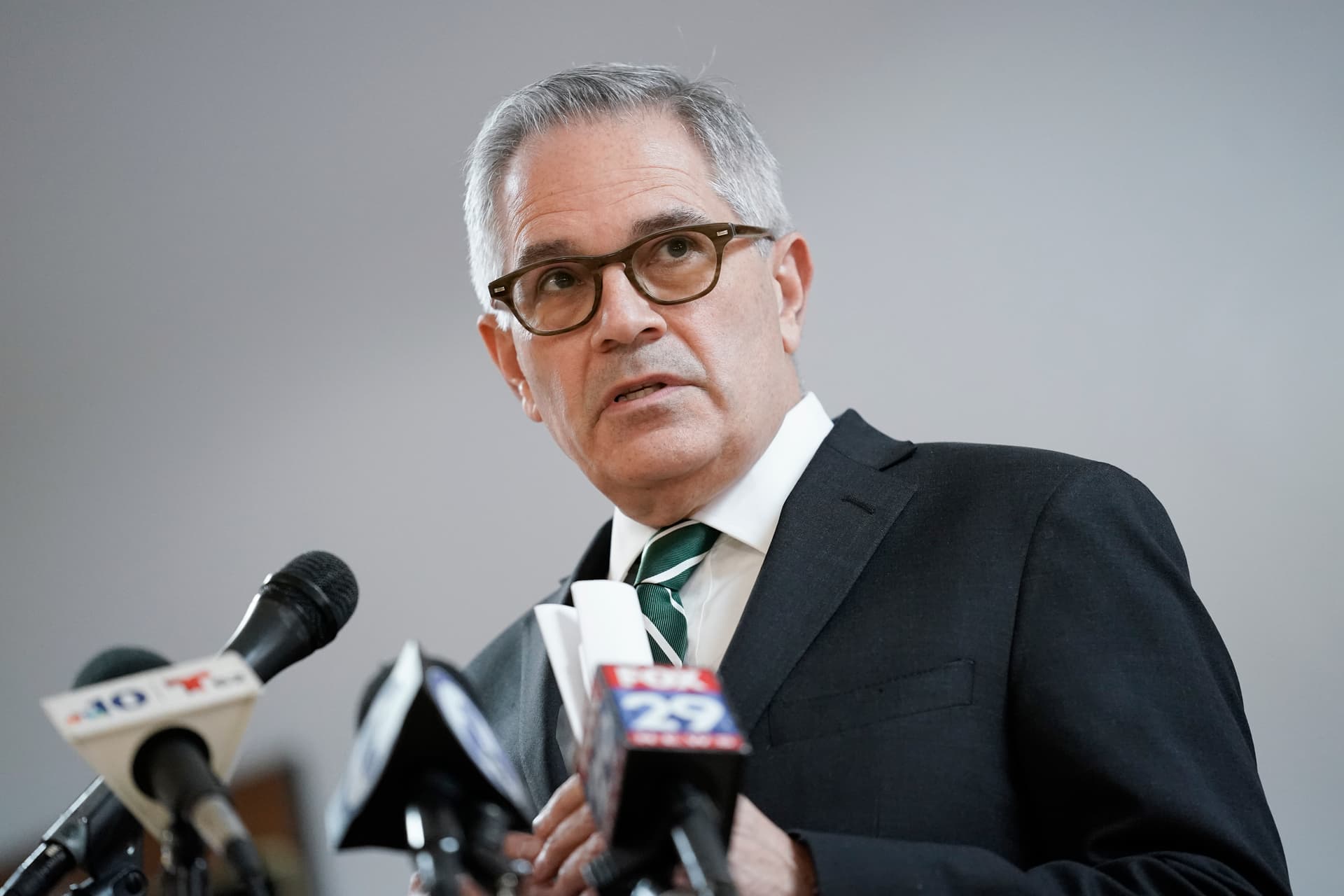 AP/Matt Rourke The Philadelphia district attorney, Larry Krasner, speaks during a news conference at Philadelphia, January 31, 2022.