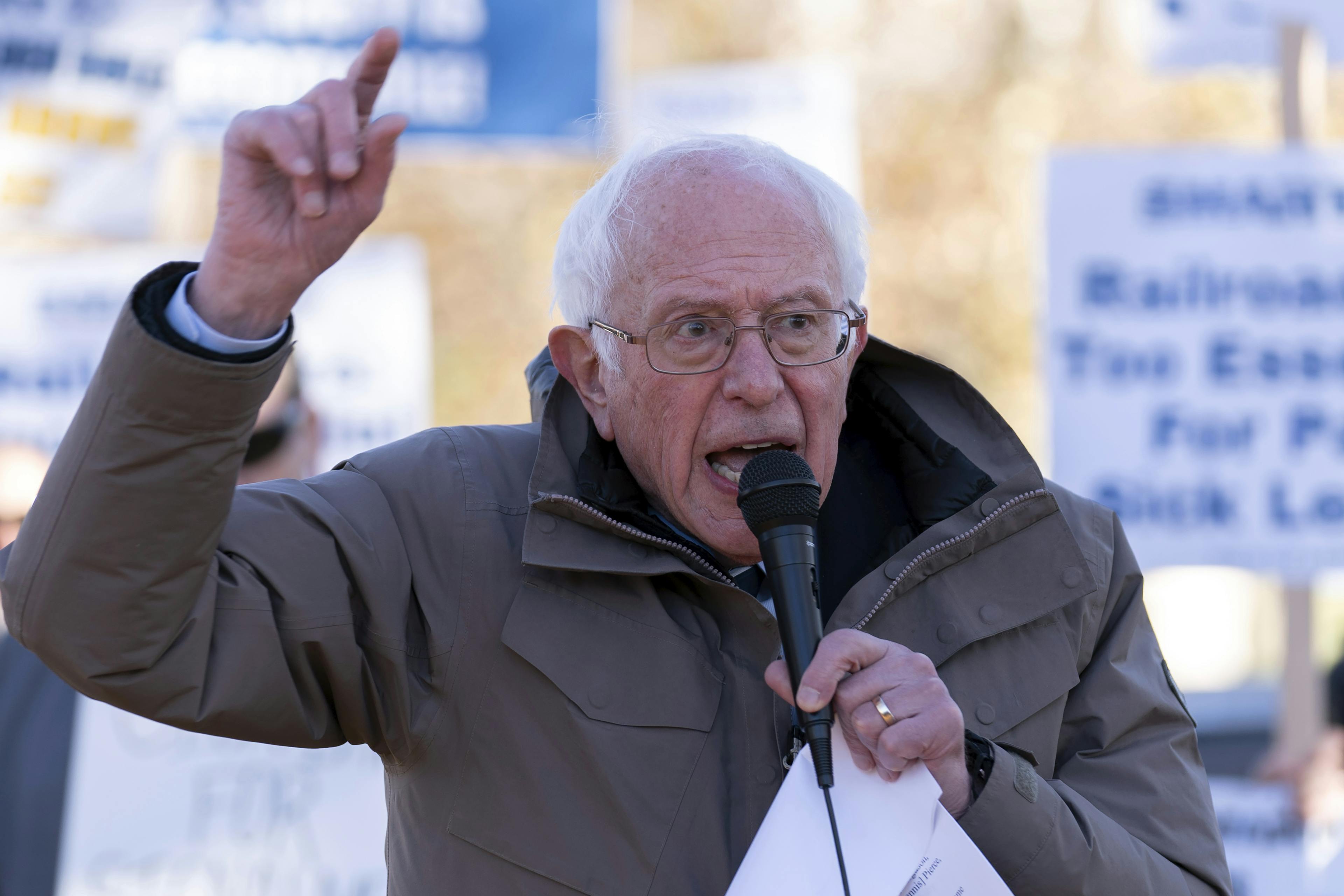 Senator Sanders speaks during a rail union workers rally outside of the U.S. Capitol. Dec. 13, 2022.