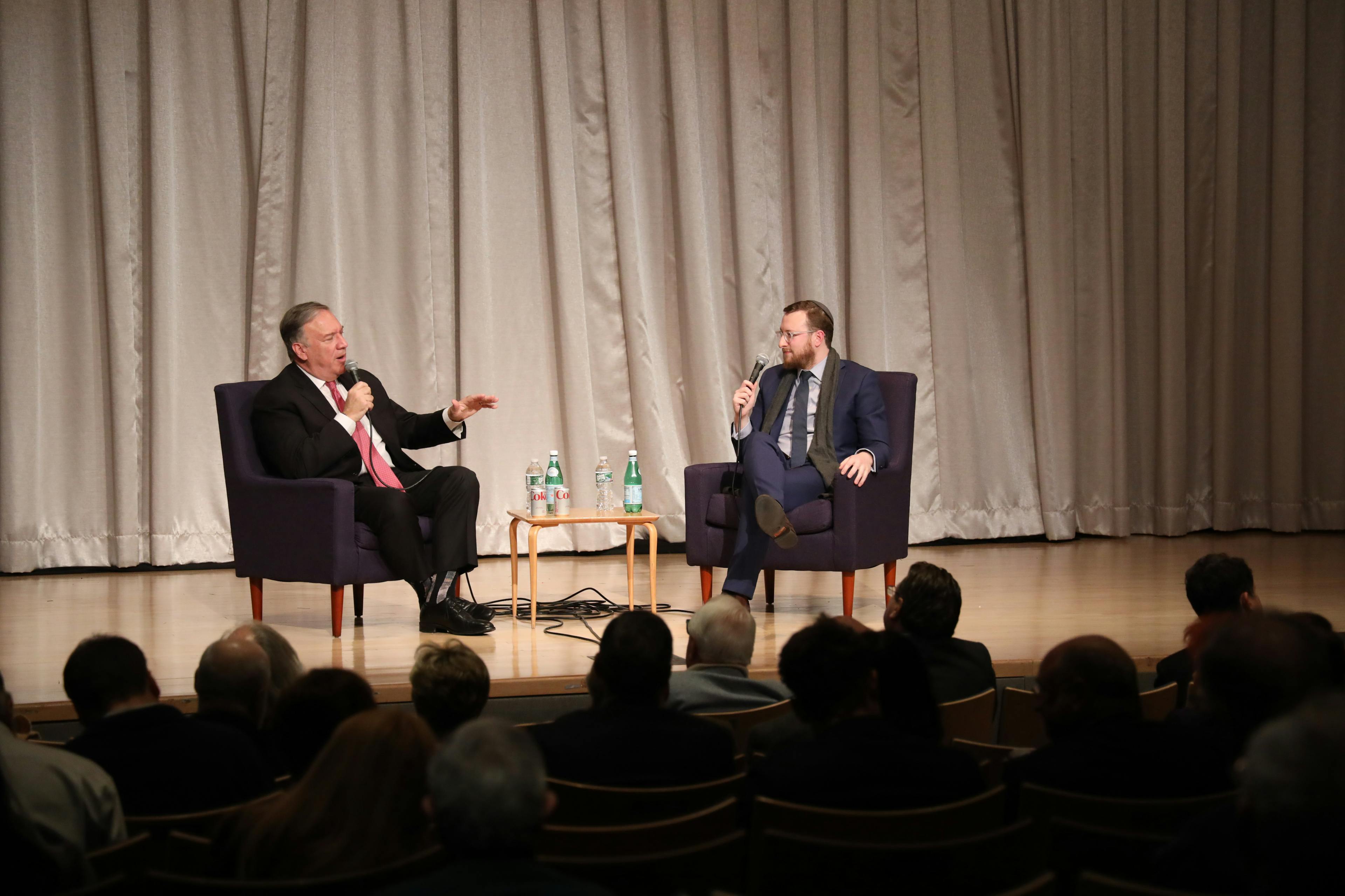 The New York Sun publisher, Dovid Efune, interviews the former secretary of state, Mike Pompeo, at Scandinavia House, New York, January 22, 2023.