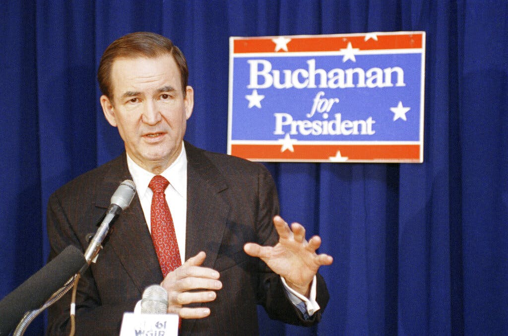 A Republican presidential hopeful, Patrick Buchanan, at Manchester, New Hampshire, on January 29, 1992. 