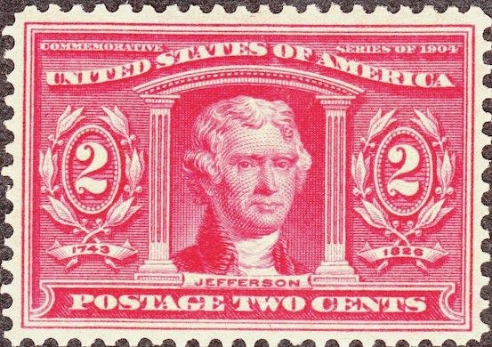 The 1904 issue Thomas Jefferson two-cent stamp.