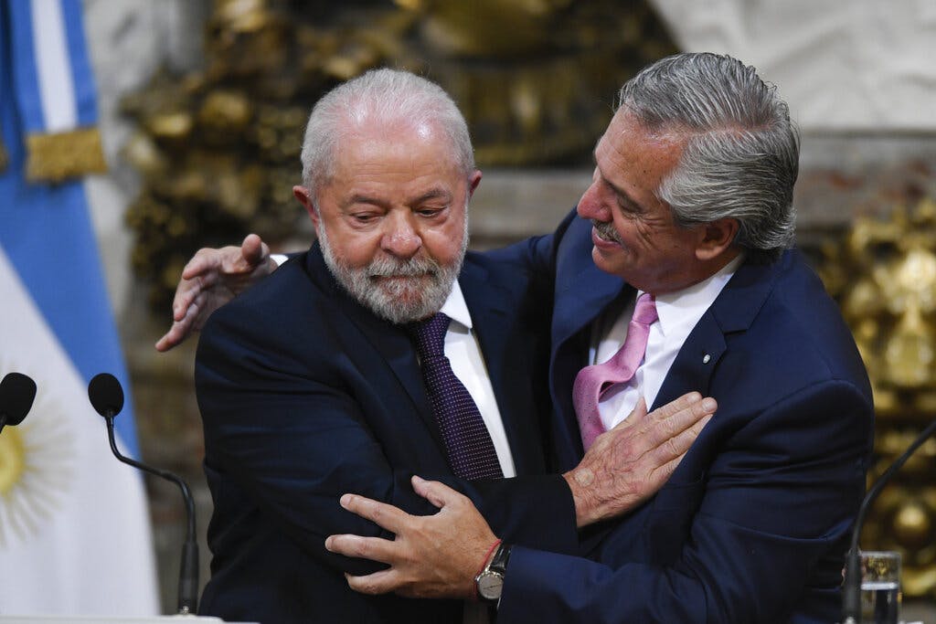 The Brazilian president, Luiz Inacio Lula da Silva, left, and Argentina's president, Alberto Fernandez, embrace at the government house at Buenos Aires.