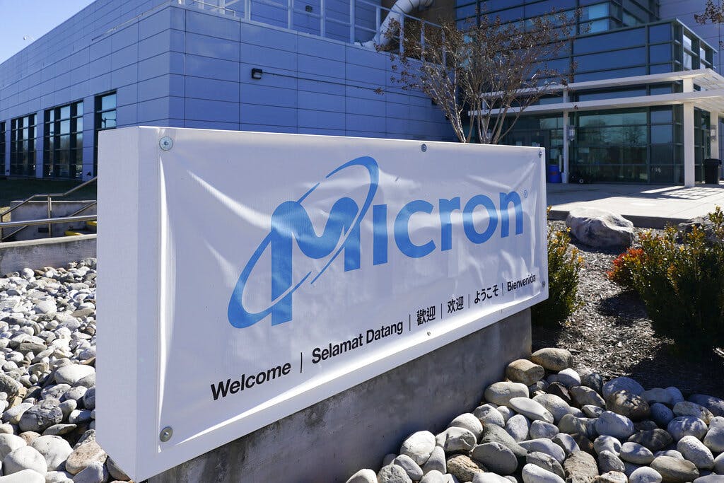 A sign marks the entrance of the Micron Technology automotive chip manufacturing plant at Manassas, Virginia.