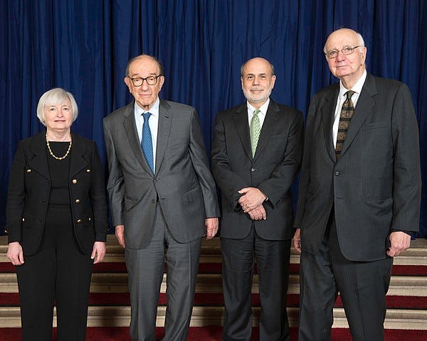 Federal Reserve chiefs, from left to right: Janet Yellen, Alan Greenspan, Ben Bernanke, and Paul Volcker, in 2014.