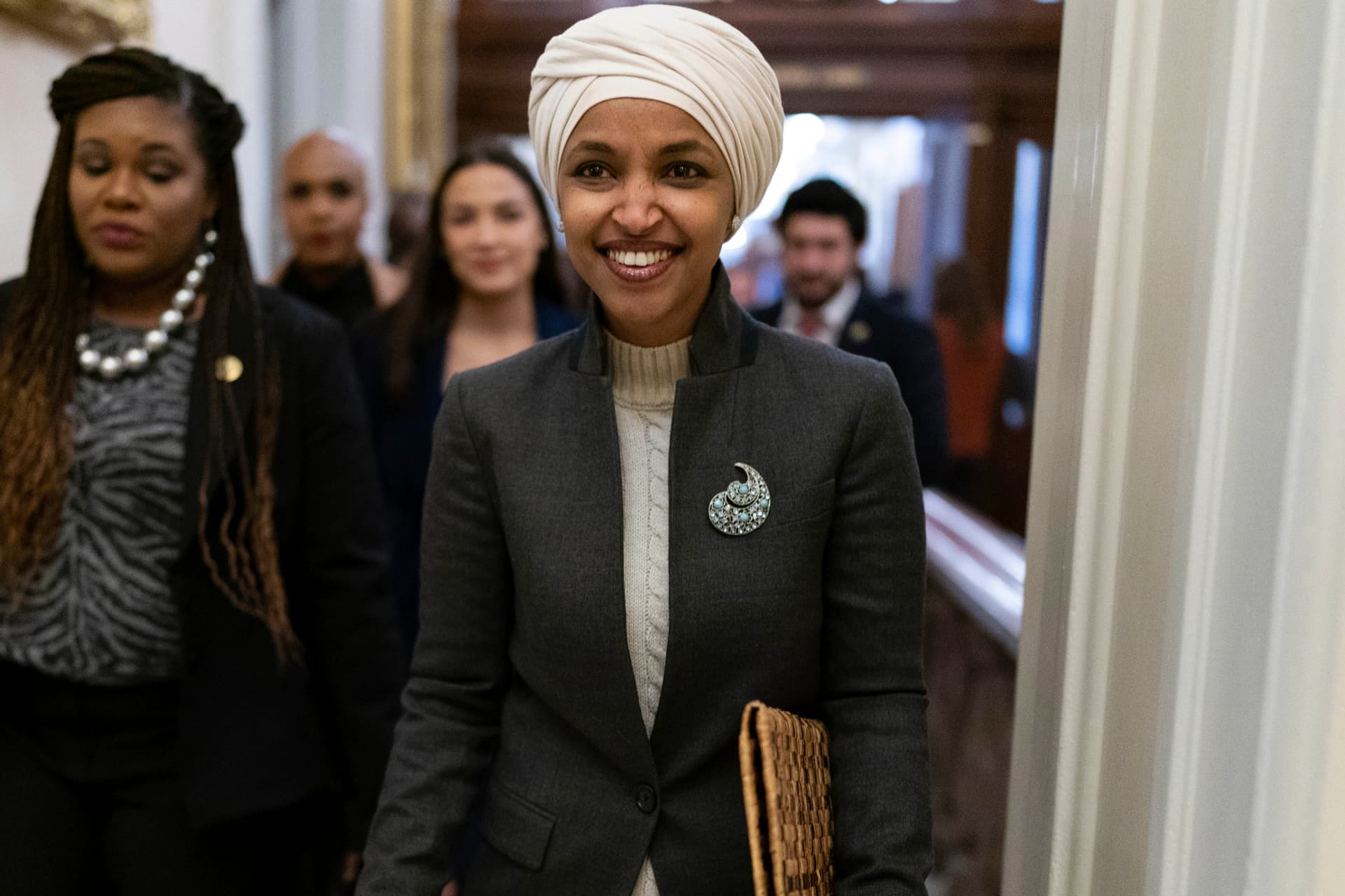 AP/Jose Luis Magana Representative Ilhan Omar leaves the House chamber, February 2, 2023.