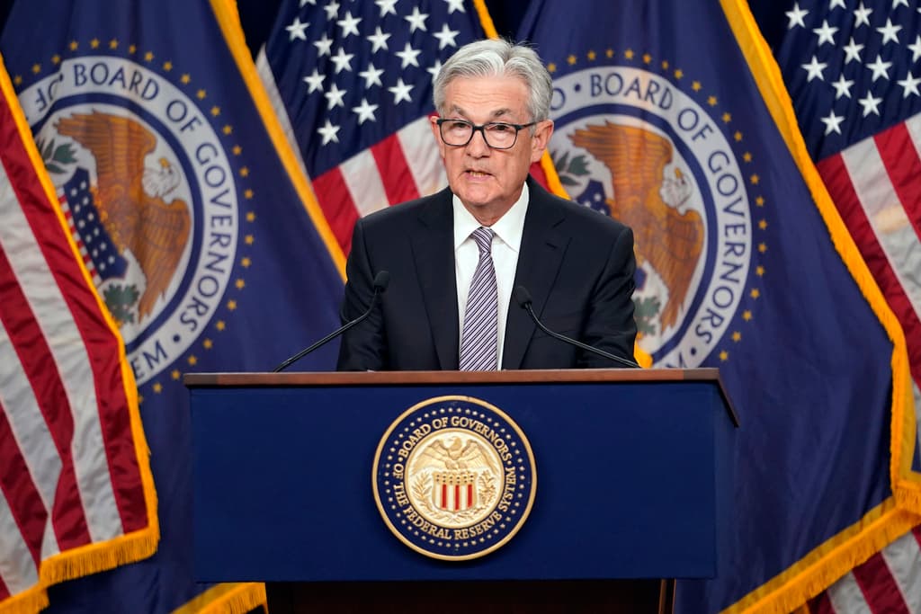 AP/Carolyn Kaster The Federal Reserve chairman, Jerome Powell, at Washington, May 3, 2023, following the Federal Open Market Committee meeting.