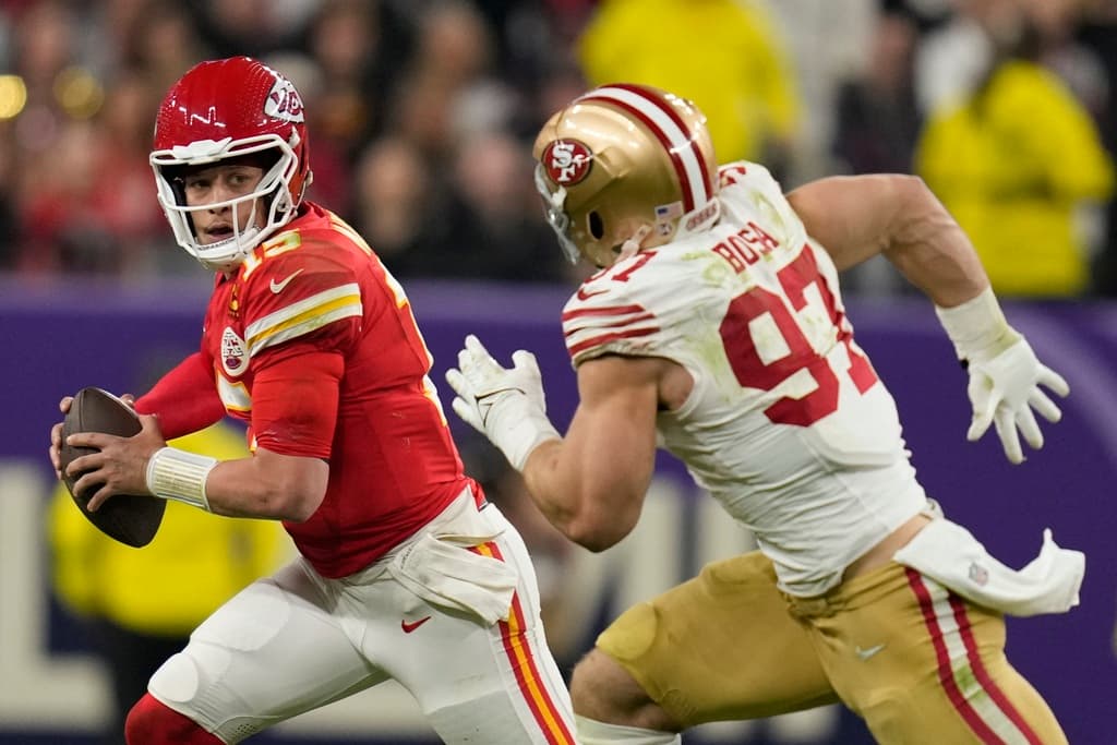 AP/Ashley Landis San Francisco 49ers defensive end Nick Bosa chases Kansas City Chiefs quarterback Patrick Mahomes during the second half of the Super Bowl, February 11, 2024, at Las Vegas.