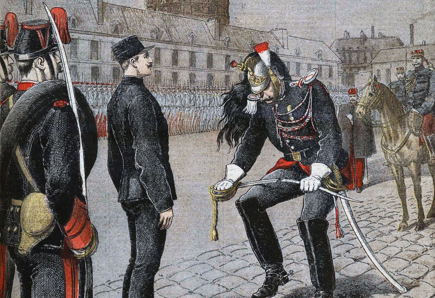 Via Wikimedia Commons The public degradation ceremony of Captain Alfred Dreyfus, in which he was stripped of his rank and his sword was broken, depicted in Le Petit Journal on January 13, 1895.