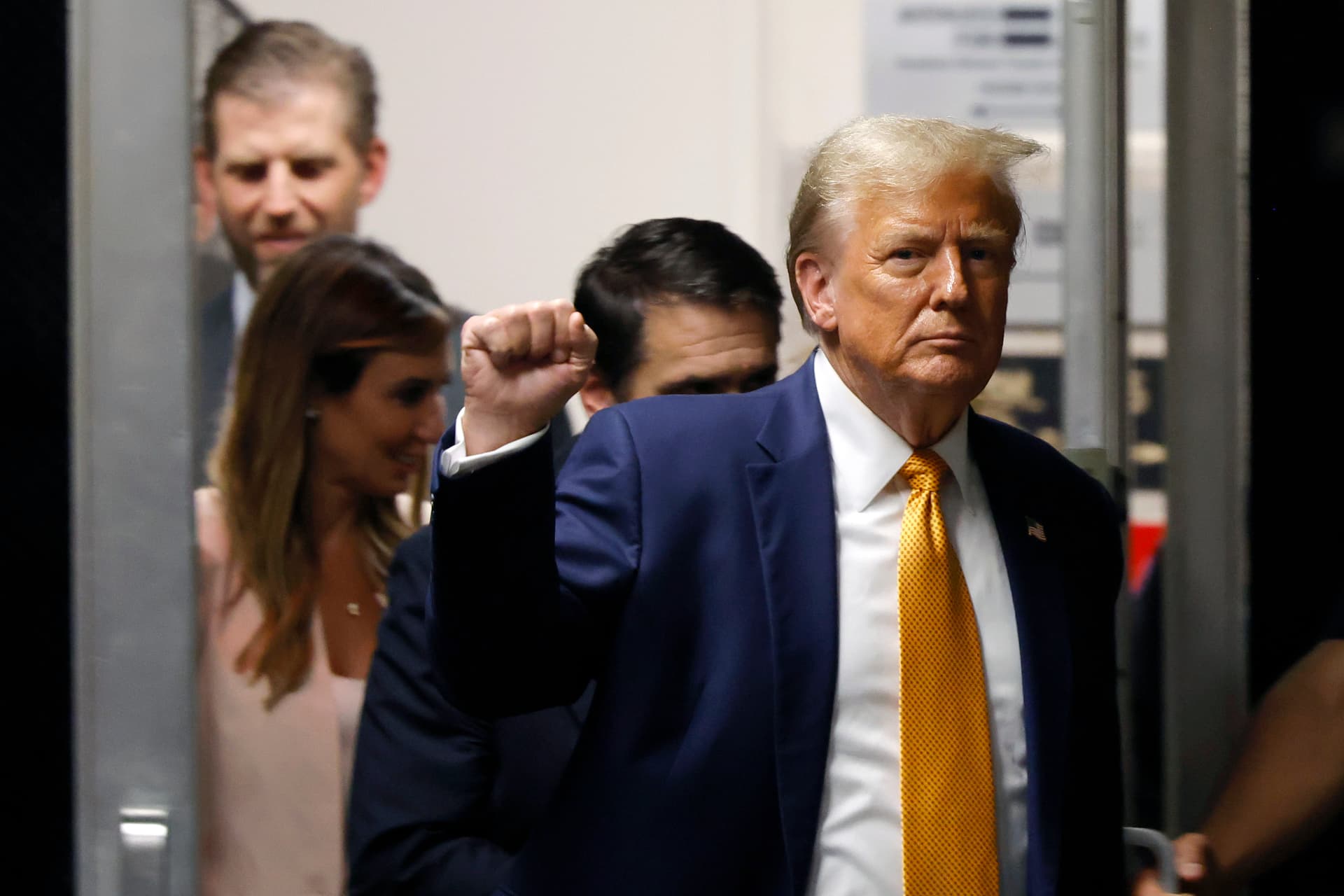 Michael M. Santiago/Getty Images President Trump returns to the courtroom after a short break during his hush money trial at Manhattan Criminal Court on May 14, 2024 at New York City.