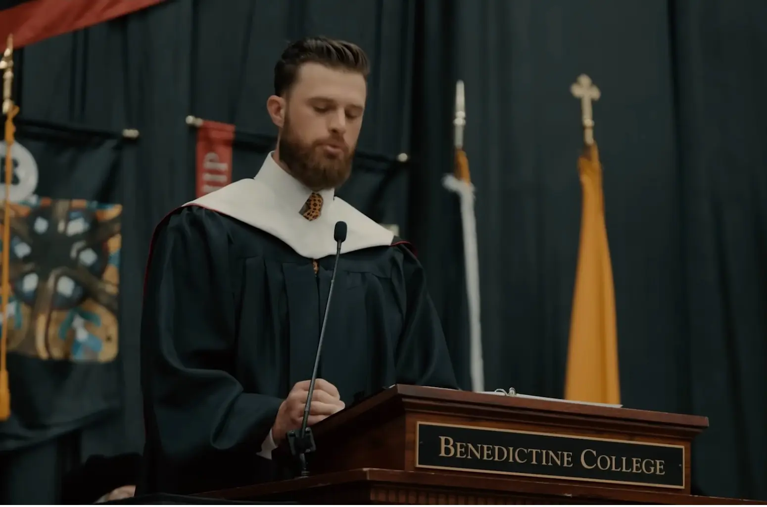 Benedictine College Star NFL kicker Harrison Butker gives a commencement address at Benedictine College in Kansas.