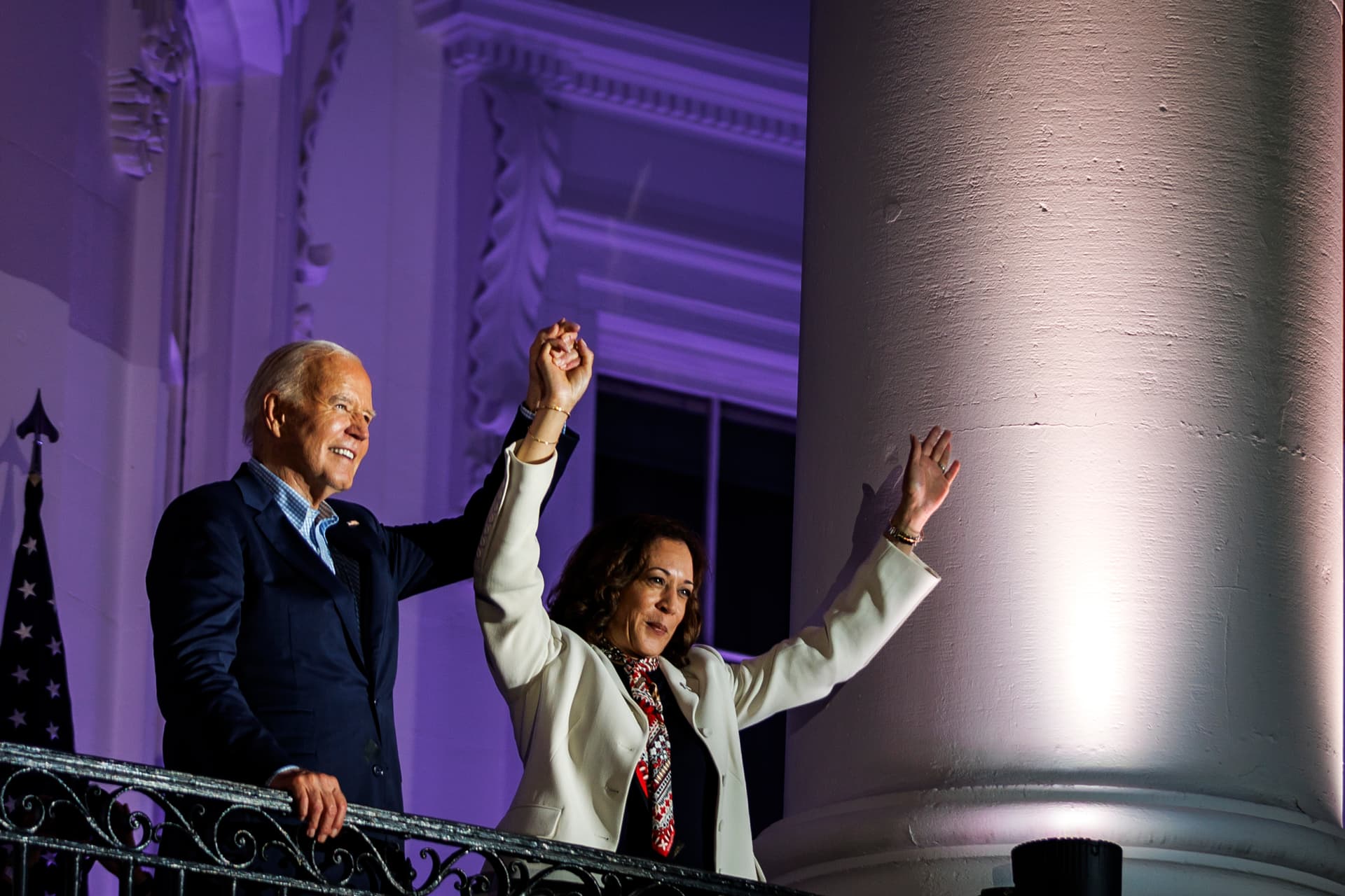 Samuel Corum/Getty Images President Biden and Vice President Harris after watching fireworks on the National Mall in 2024.