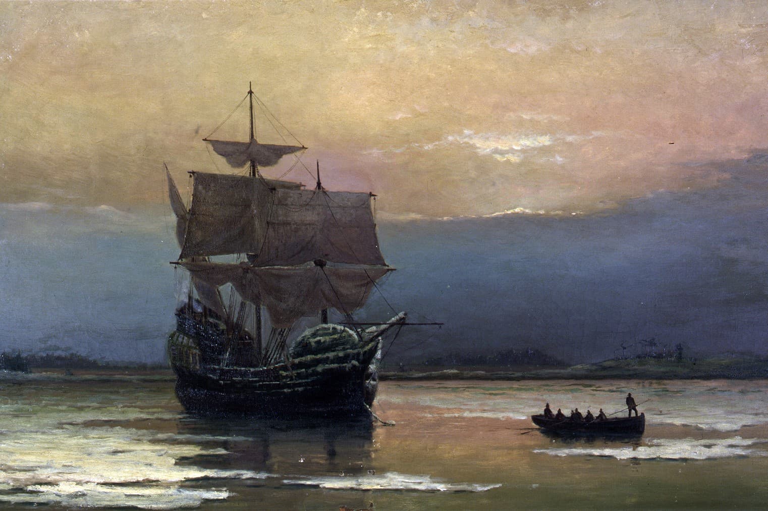 Via Wikimedia Commons William Halsall, 'Mayflower in Plymouth Harbor,' 1882, detail.