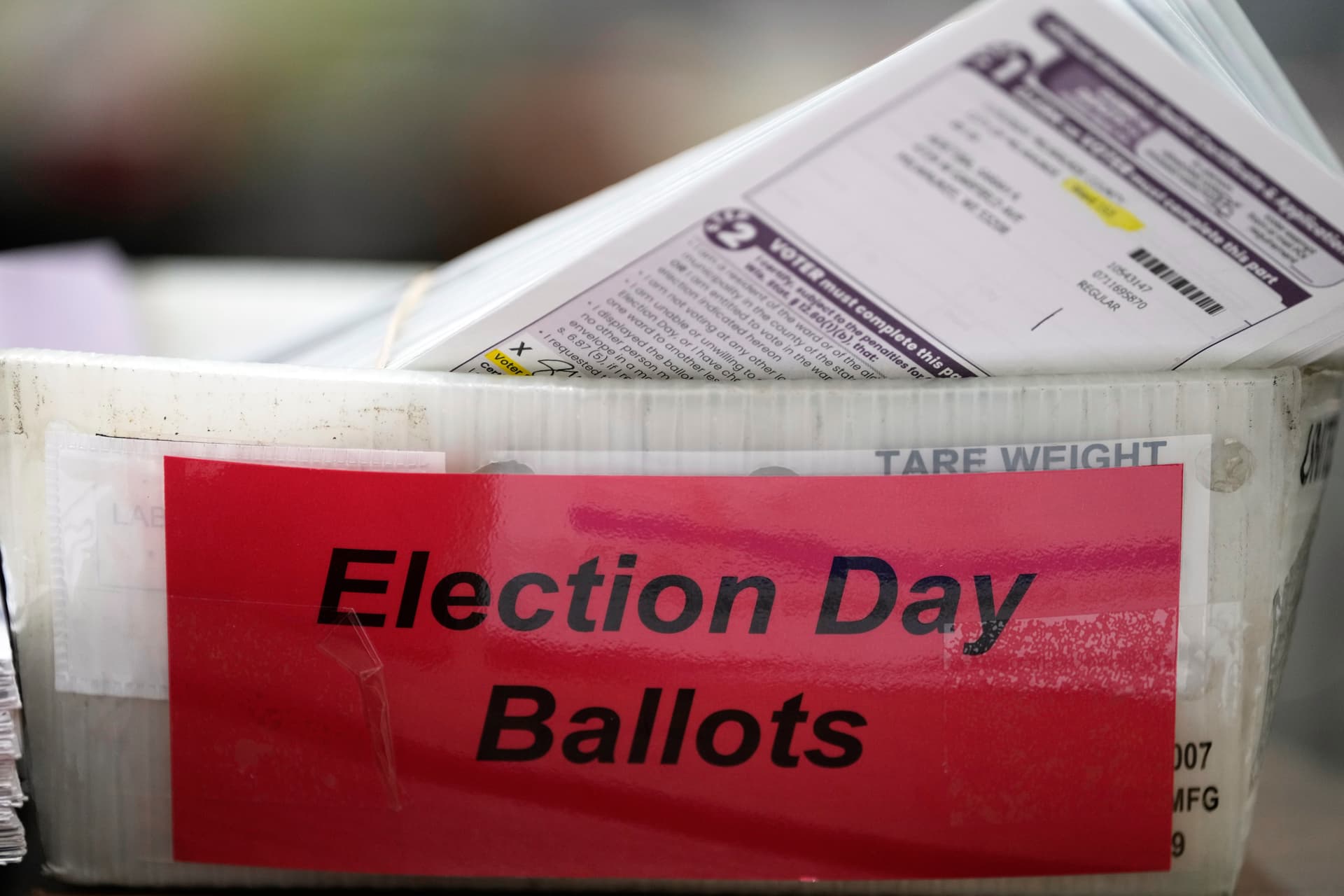 AP/Morry Gash Ballots fill a tray on November 5, 2024, at Milwaukee.