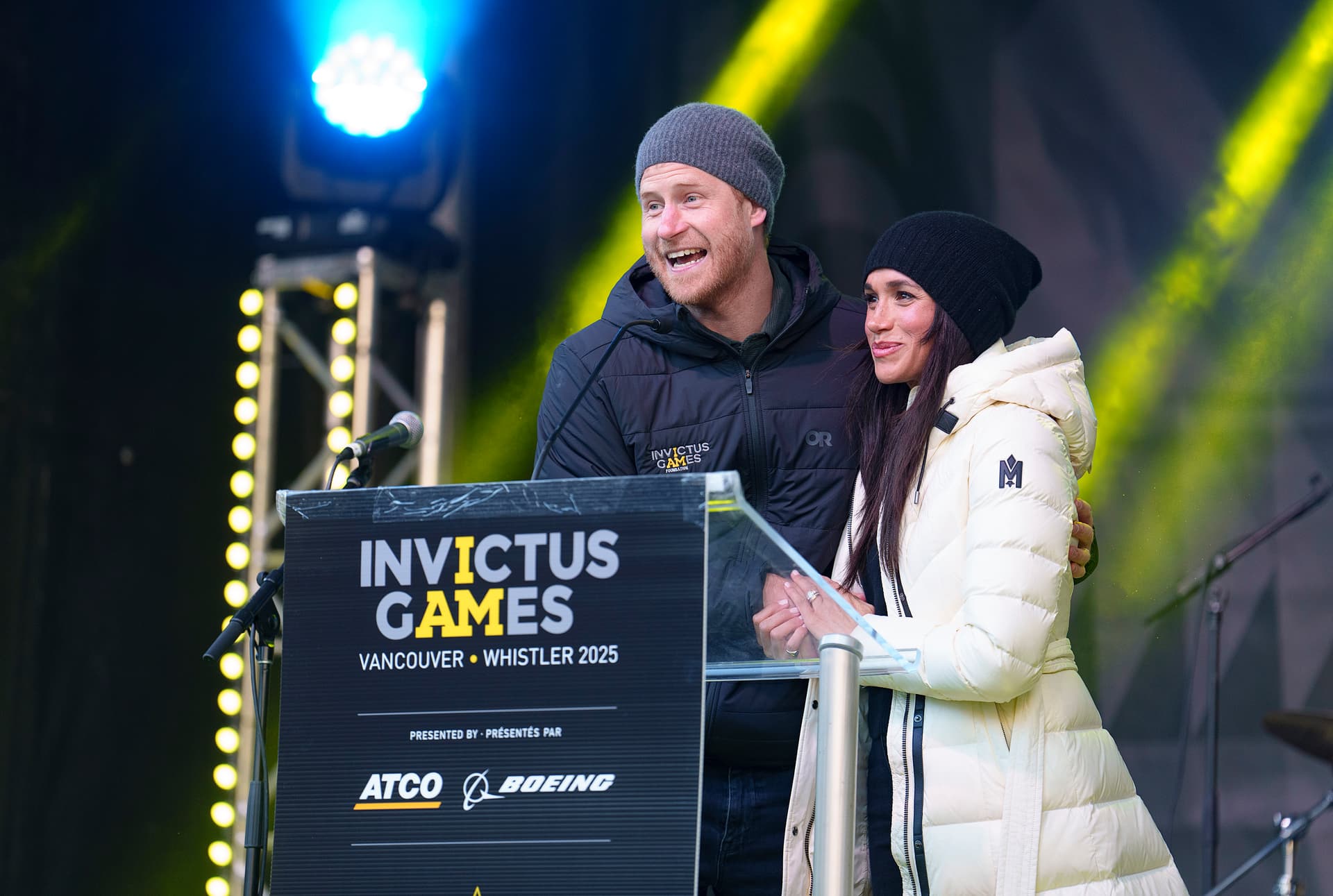 Jeff Vinnick/Getty Images for Invictus Games Vancouver Whistler 2025 Founder and patron of the Invictus Games Foundation, Prince Harry, the Duke of Sussex, and his wife, Meghan, the duchess, deliver remarks at the Invictus Games Welcome Reception on February 10, 2025. at Whistler, Canada.