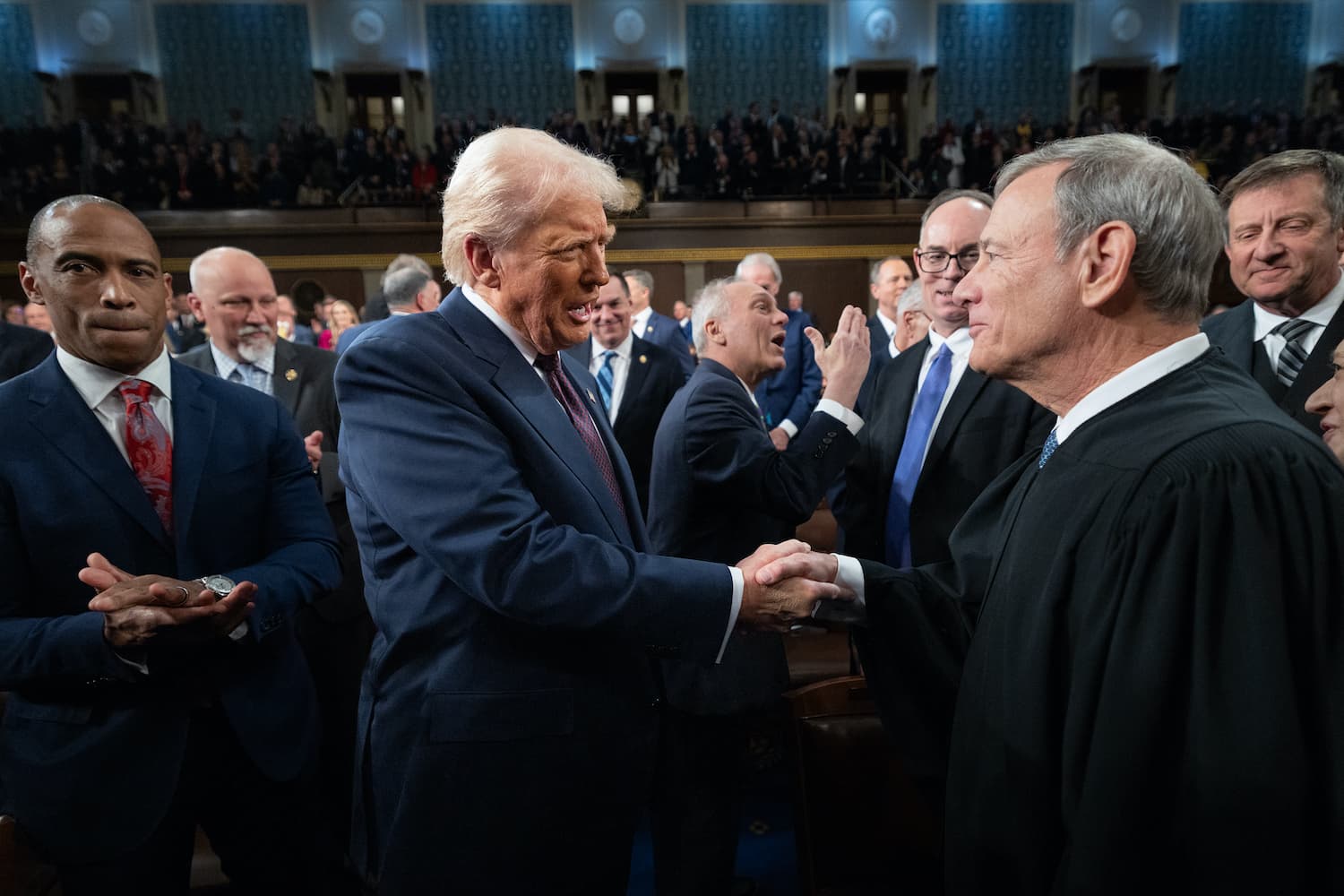 President Trump greets Chief Justice Roberts ahead of his address to a joint session of Congress, March 4, 2025. President Trump greets Chief Justice Roberts ahead of his address to a joint session of Congress, March 4, 2025.