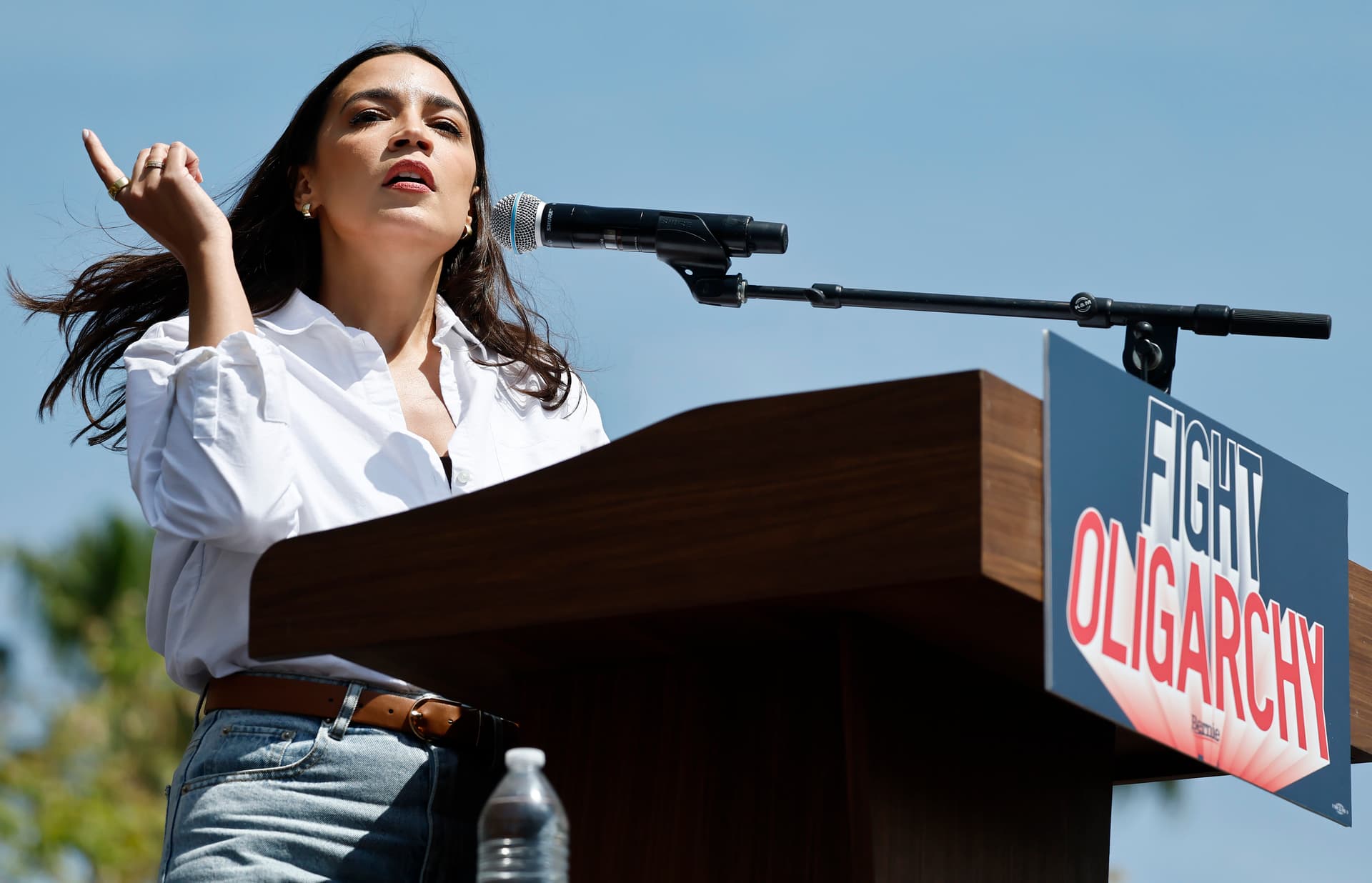 Mario Tama/Getty Images Congresswoman Alexandria Ocasio-Cortez during a stop on the ‘Fight Oligarchy’ tour with Senator Sanders in California.