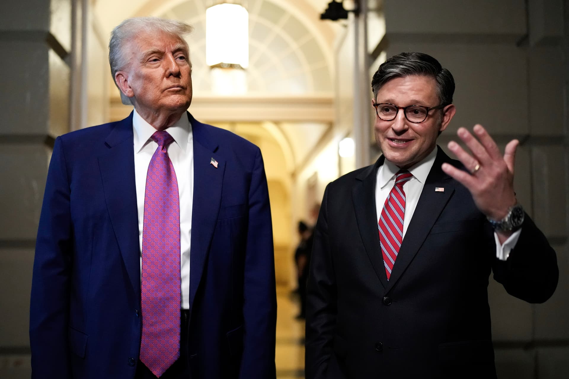 AP/Julia Demaree Nikhinson President Trump and Speaker Mike Johnson speak to reporters after departing a House Republican conference meeting, May 20, 2025.