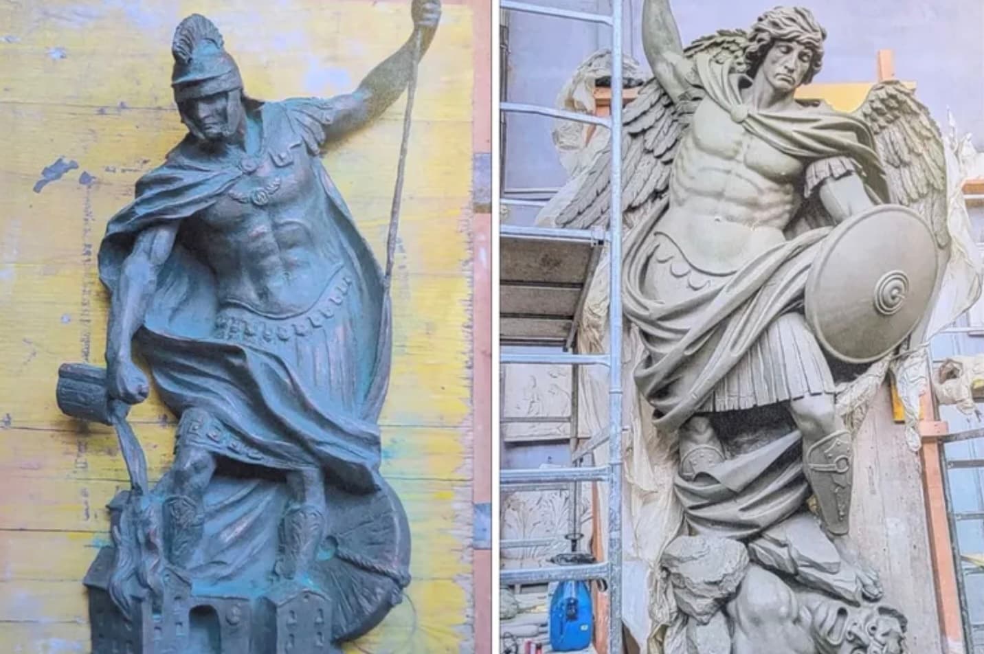 Office of Quincy Mayor Thomas Koch Statues of saints Michael and Florian.