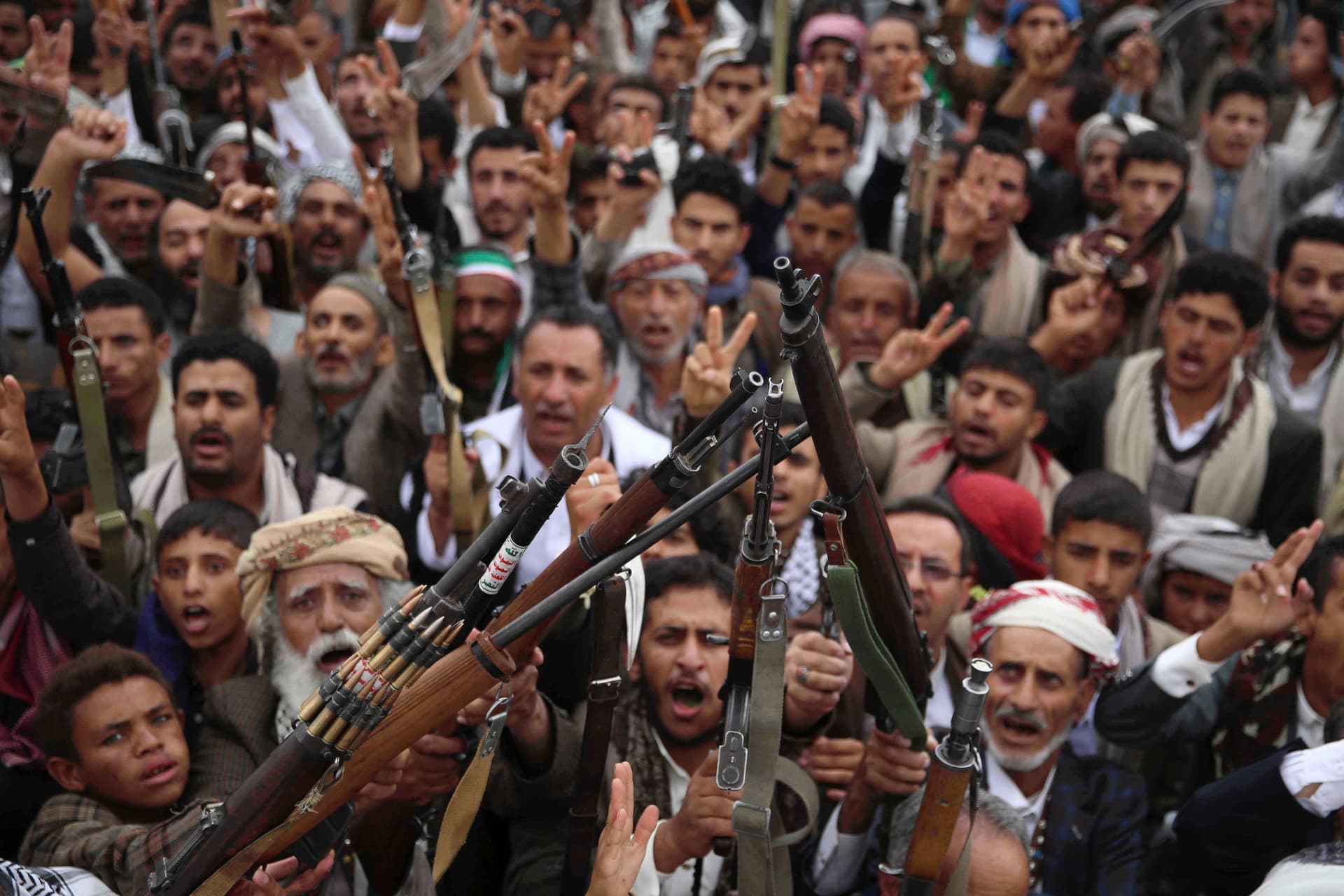 AP/Osamah Abdulrahman Houthi supporters shout slogans during a weekly, anti-U.S. and anti-Israel rally at Sanaa, Yemen.