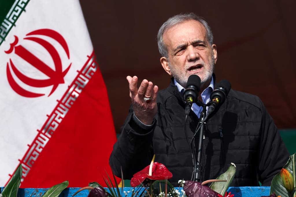 Iranian Presidency Office via AP, file President Pezeshkian of Iran speaks during a rally on February 10, 2025, at Tehran.