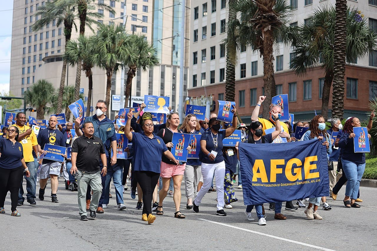 AFGE via Wikimedia Commons CC2.0 Members of the American Federation of Government Employees on the march at New Orleans in 2022.