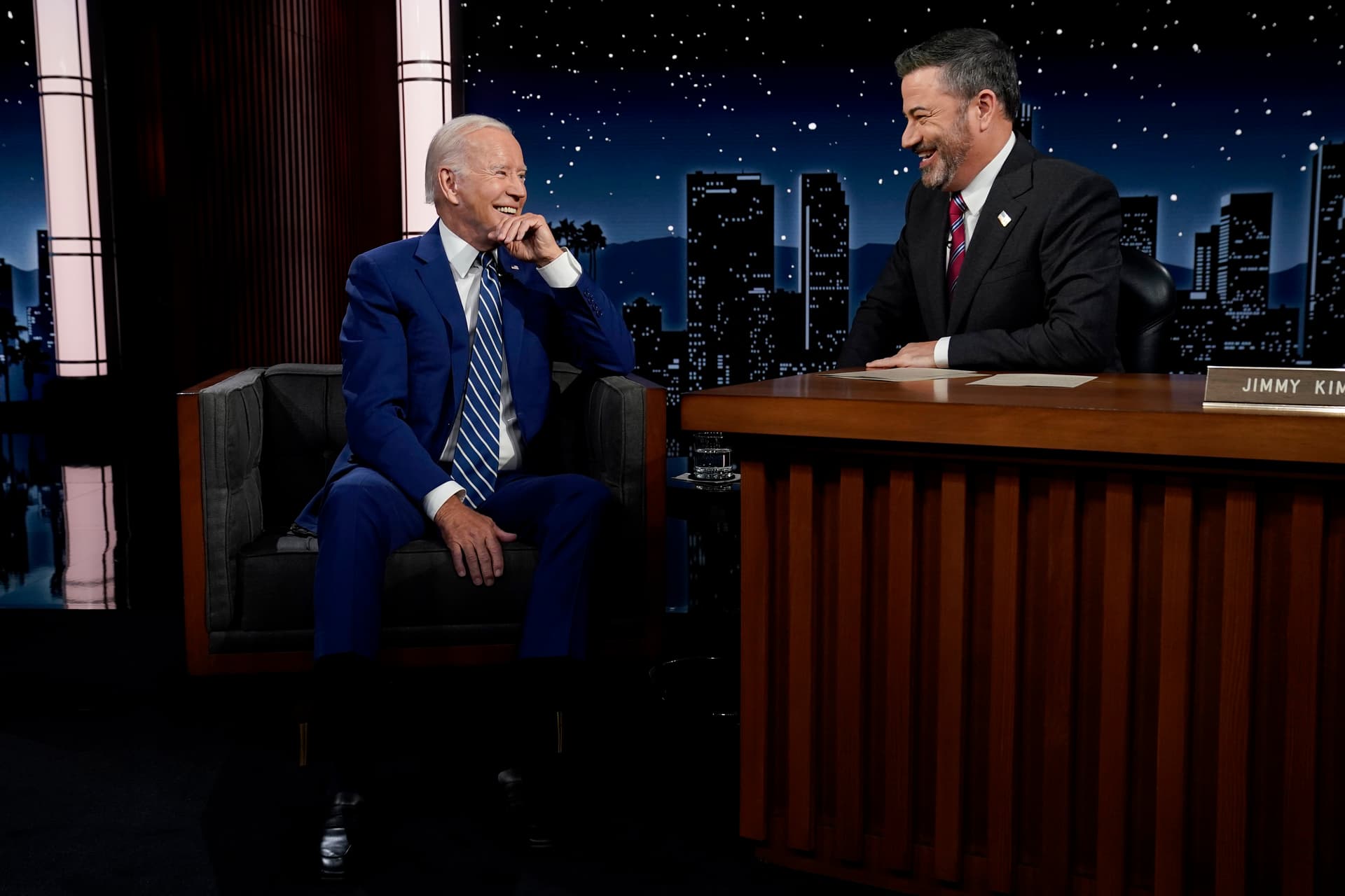 AP/Evan Vucci President Biden with Jimmy Kimmel during a commercial break during the taping of 'Jimmy Kimmel Live!,' June 8, 2022, at Los Angeles.