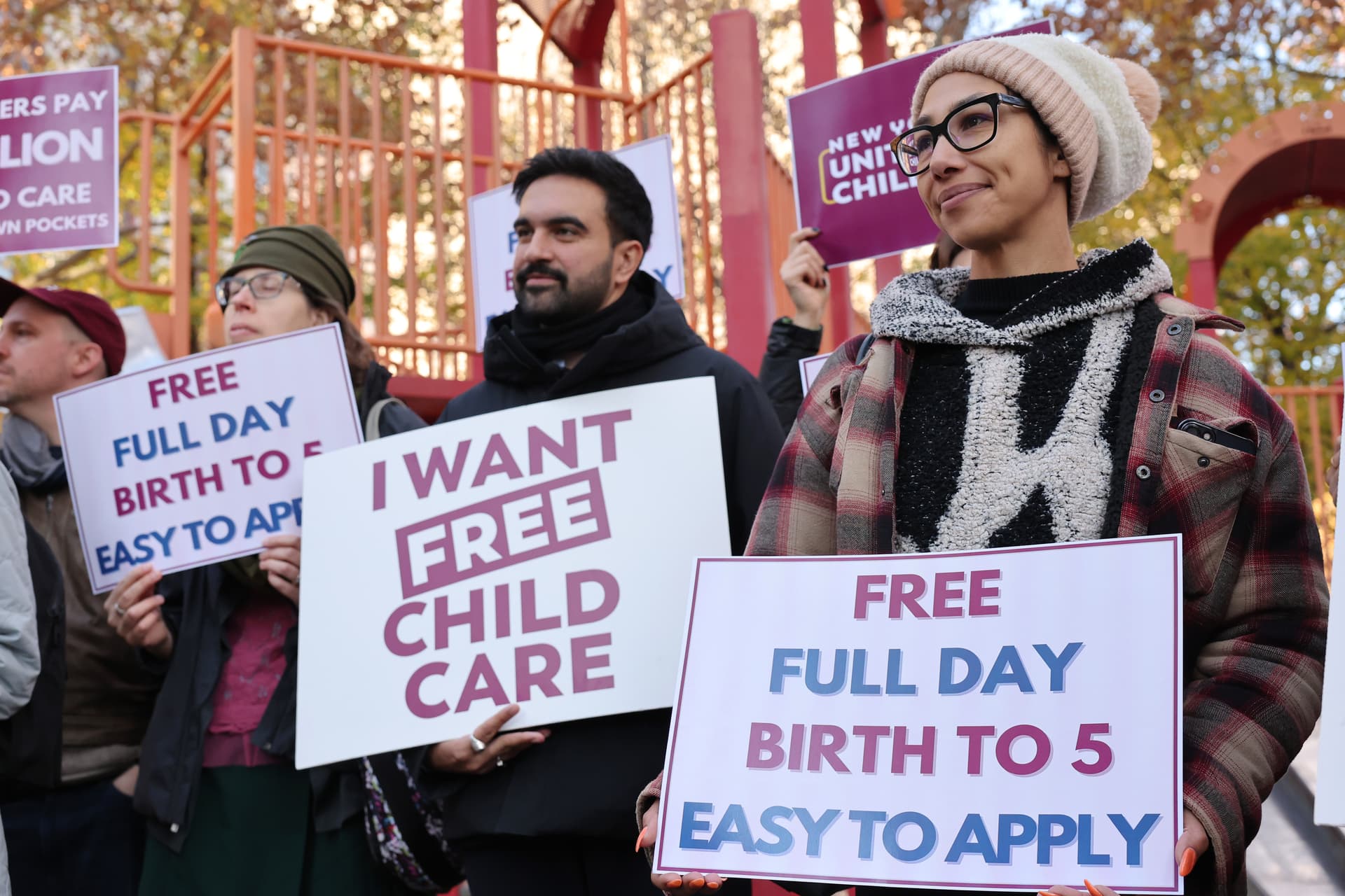 Michael M. Santiago/Getty Images Demonstrators attend a press conference promoting universal child care at New York City on November 19, 2024.