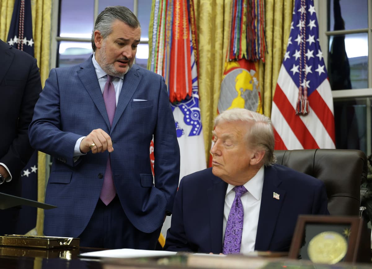 Alex Wong/Getty Images FILE: Senator Ted Cruz and President Trump talk in the Oval Office of the White House on December 11, 2025, in Washington, D.C.