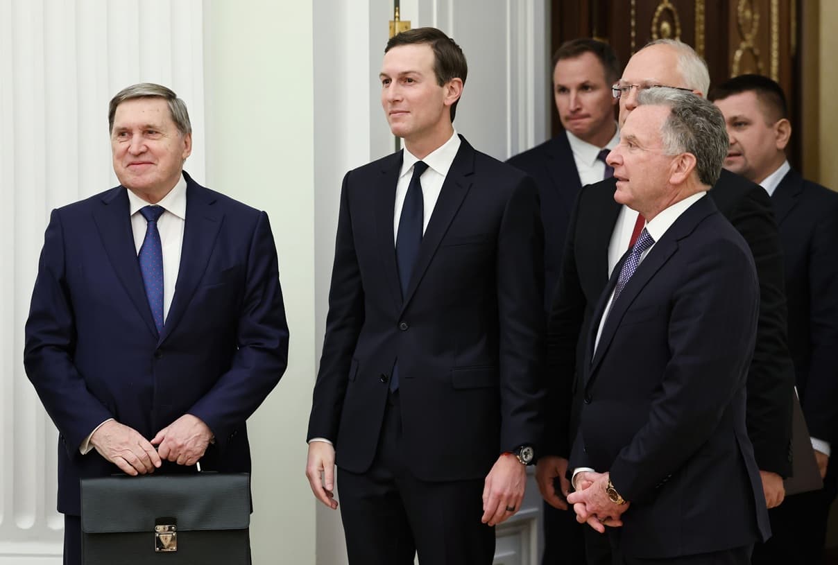 Alexander Kazakov/Sputnik, Kremlin pool via AP American negotiators Jared Kushner, center, and Steve Witkoff, foreground right, with Russian officials at Moscow, December 2, 2025.