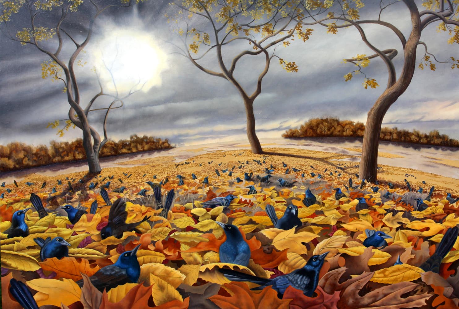 Via Garvey Simon Karl Hartman’s "Black Birds in Leaves” (2024) oil on aluminum 17 x 24."